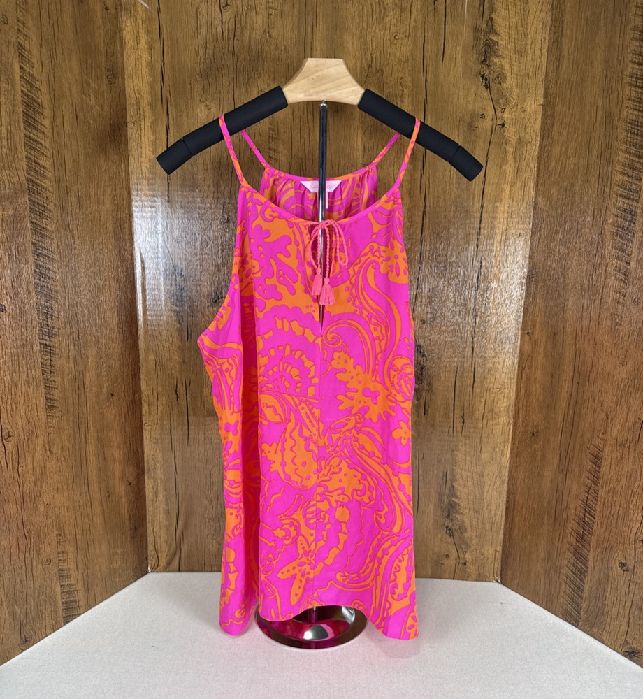 Lilly Pulitzer Finn Silk Halter Top Pink Orange Paisley Tassel Tie Tank Size XL