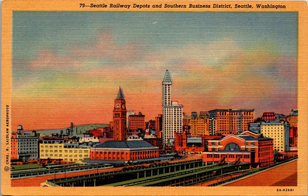 Dr Jim Stamps Postcard Seattle Railway Depots & Southern Business District Linen