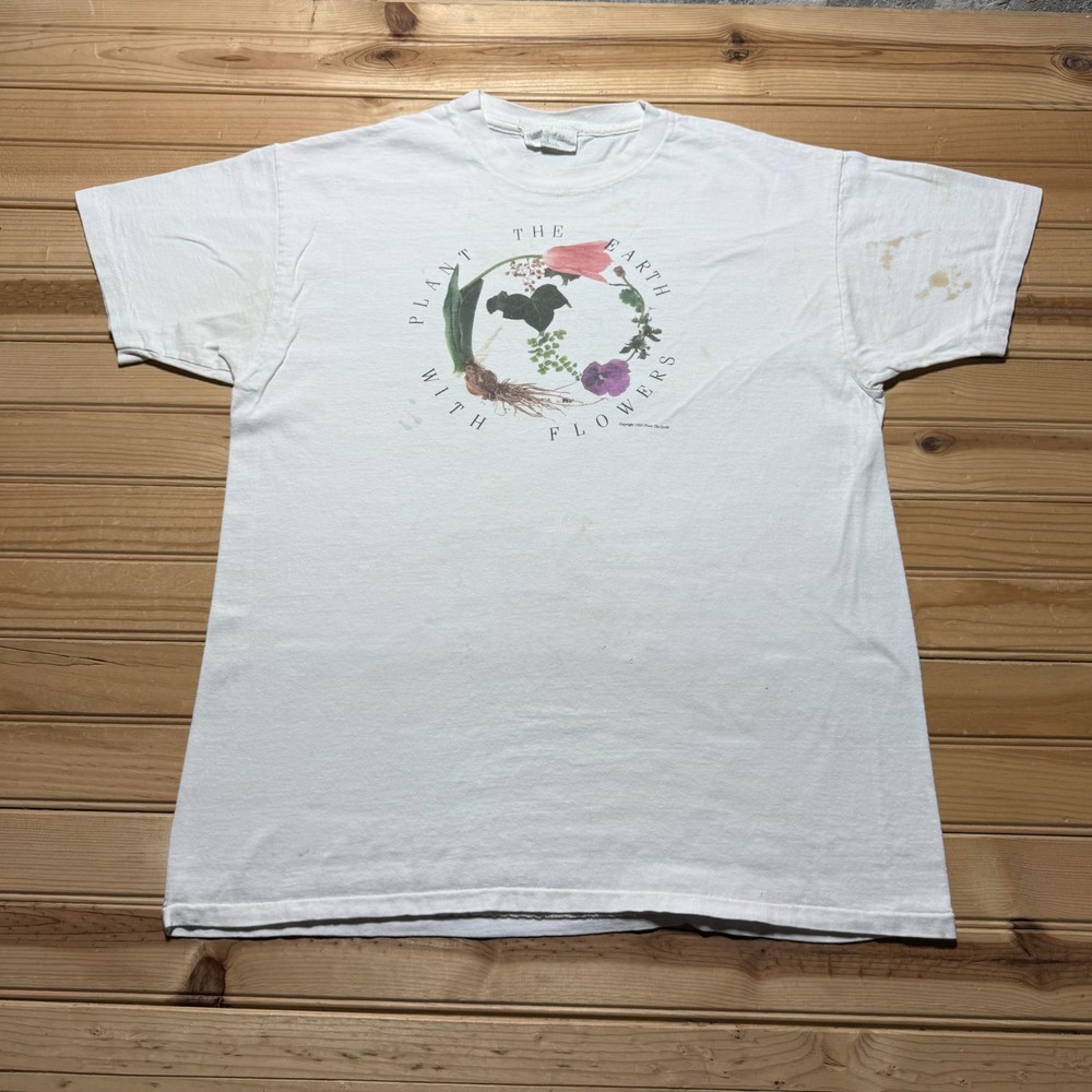 Vintage 1997 Plant The Earth With Flowers Botanical Nature T-Shirt USA - Large