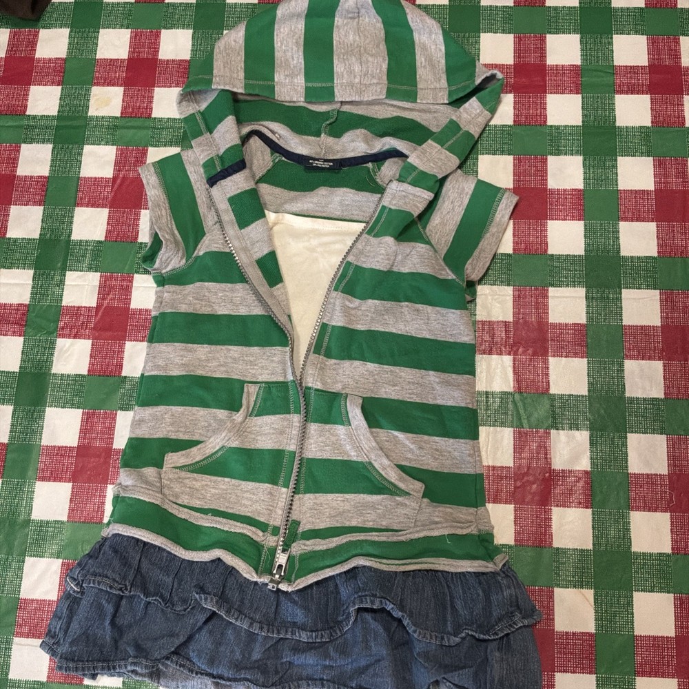 Faded Glory Girls 4/5 Hooded Mock Tank Dress Denim Skirt Green Gray Striped