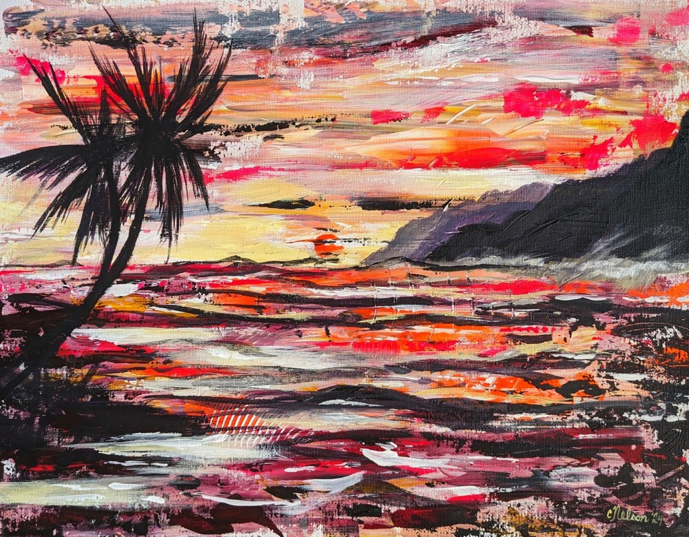 Original Painting on Canvas. Palm Trees. Abstract Seascape Art. OOAK. COA. 11x14-image