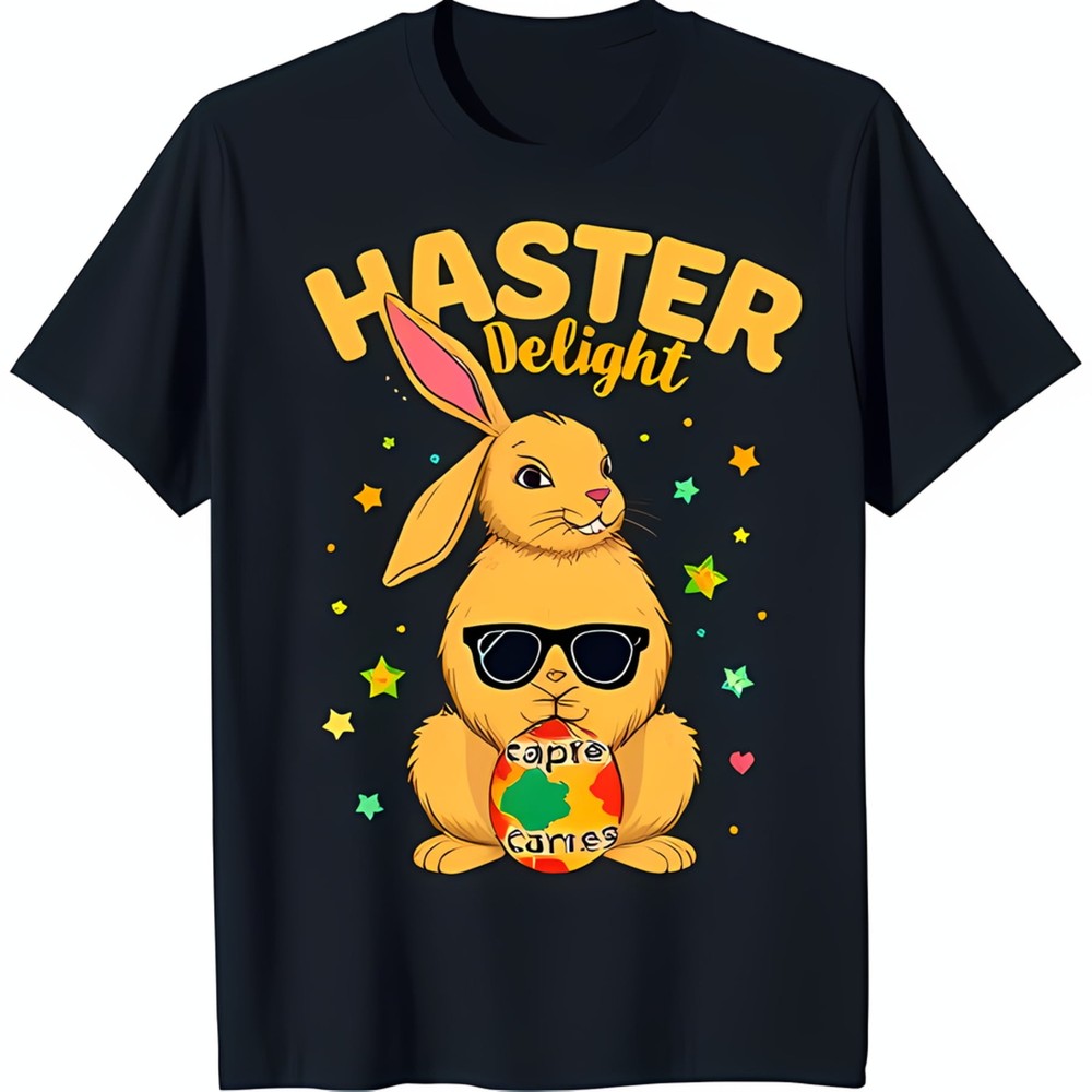 Stylish Black T-Shirt with Cute Cartoon Sunglasses & Easter Egg Graphic 'Haster
