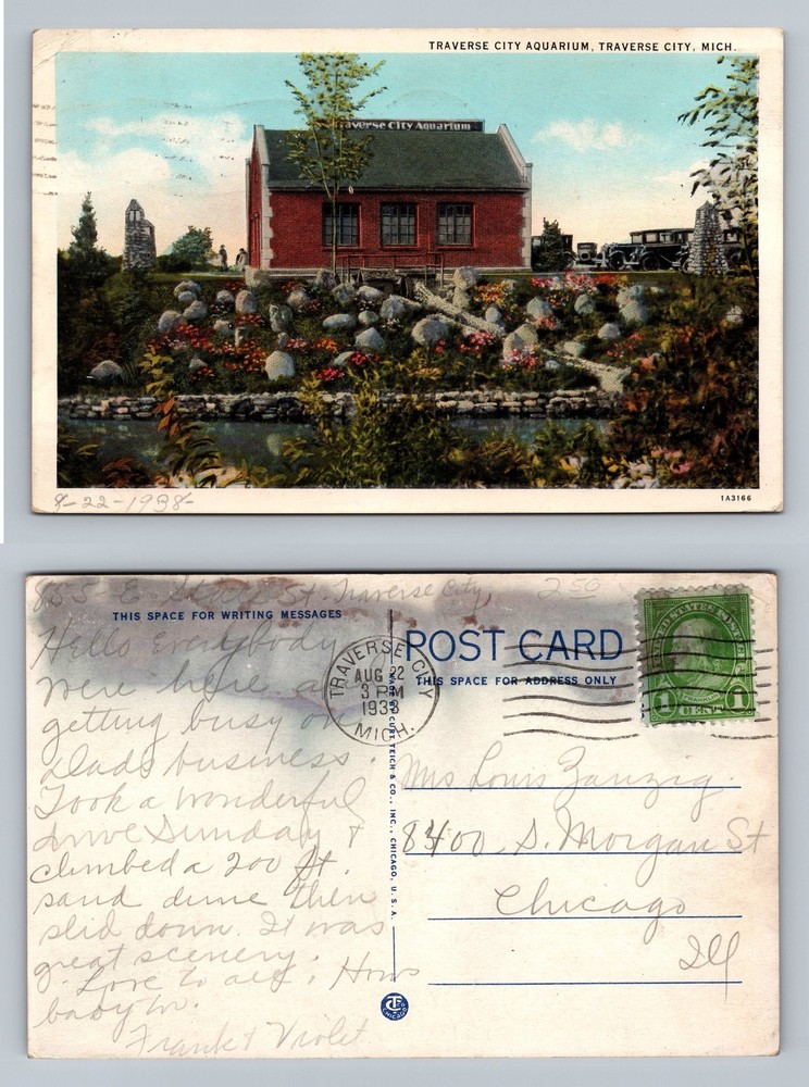 Traverse City, MI-Michigan, Aquarium Floral Garden View Vintage c1938 Postcard