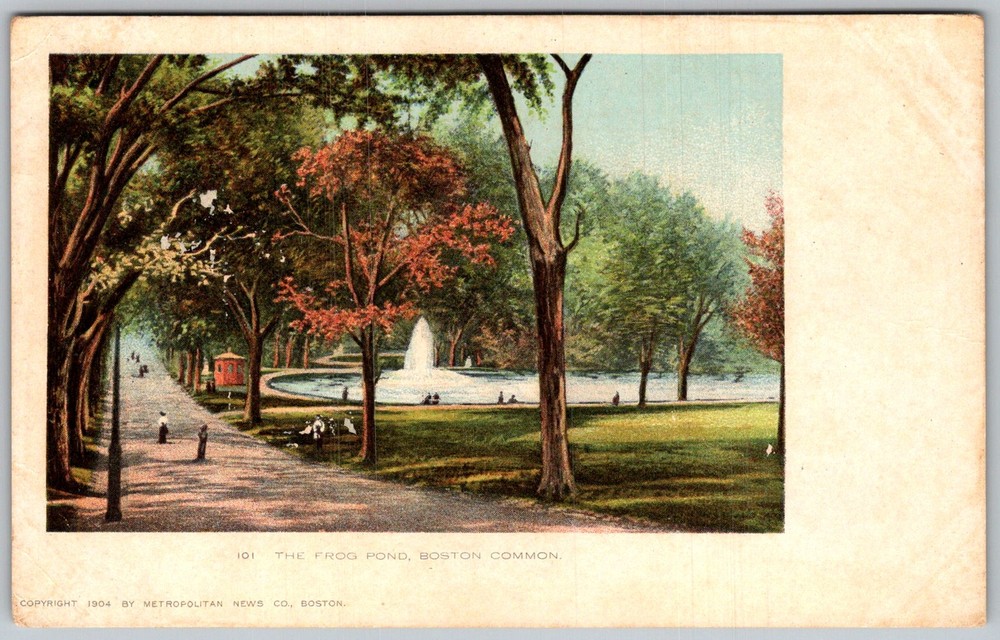 Antique Postcard Frog Pond Fountain Boston, MA 1900s