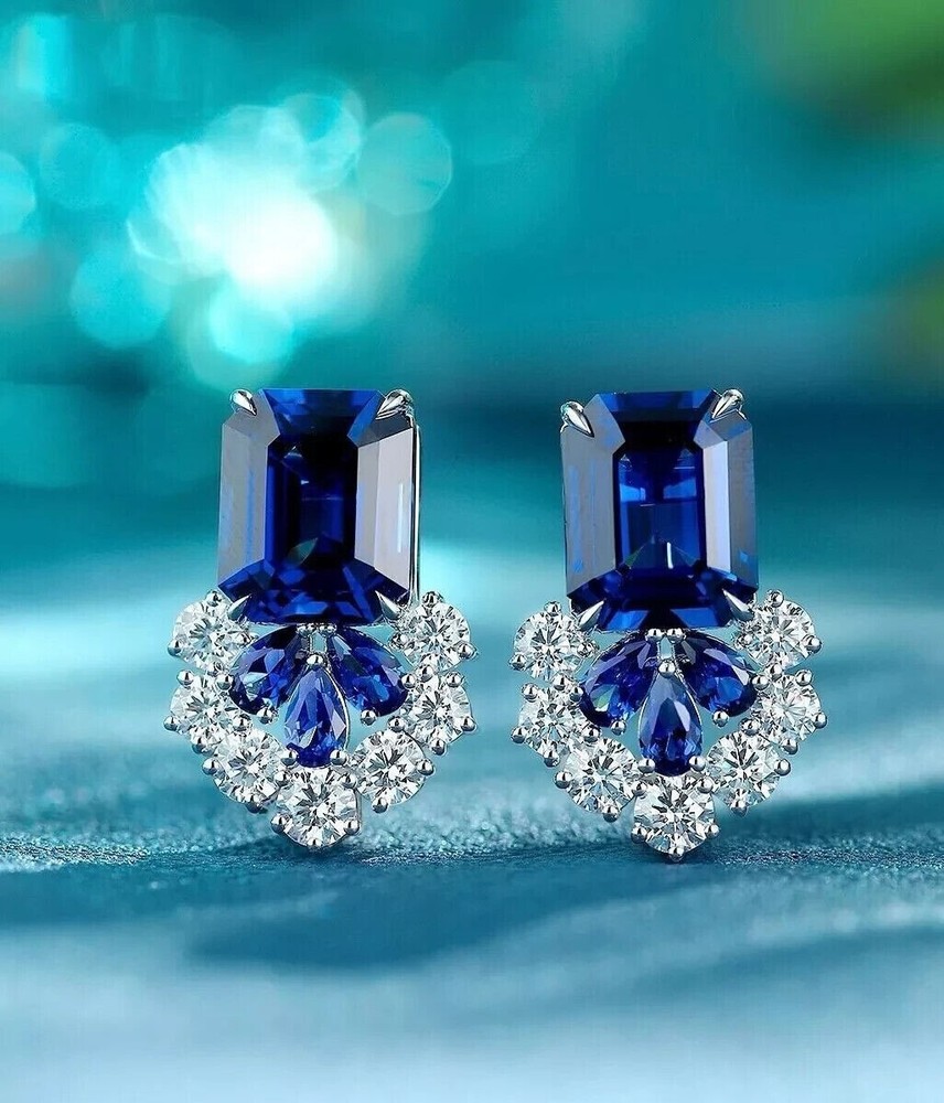 Stunning Emerald Cut Simulated Blue Sapphire Stud Earrings in 14k White Gold Plated