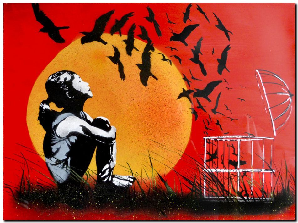 BANKSY STREET ART *FRAMED* CANVAS PRINT Birds released Sunset Stencil 16