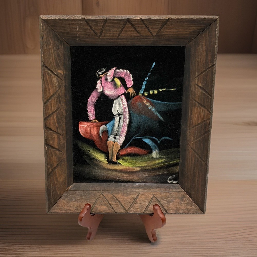 Vintage Matador Bullfighter Velvet Painting Hand Painted Carved Wood Frame