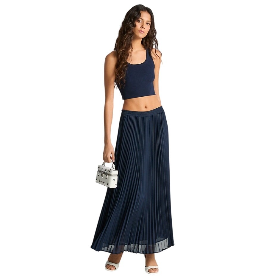 Michael Kors Women Navy Admiral Georgette Pleated A-line Midi Skirt Size XS
