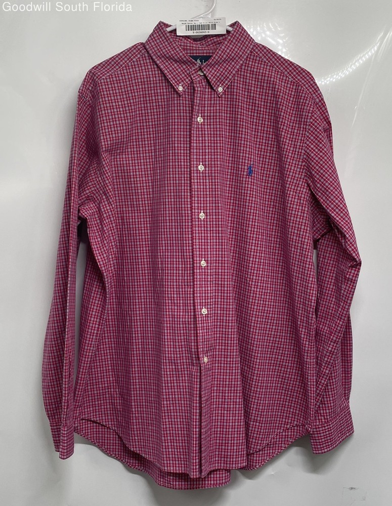 Ralph Lauren Mens Red Plaid Print Classic Fit Button-Up Shirt Size Large