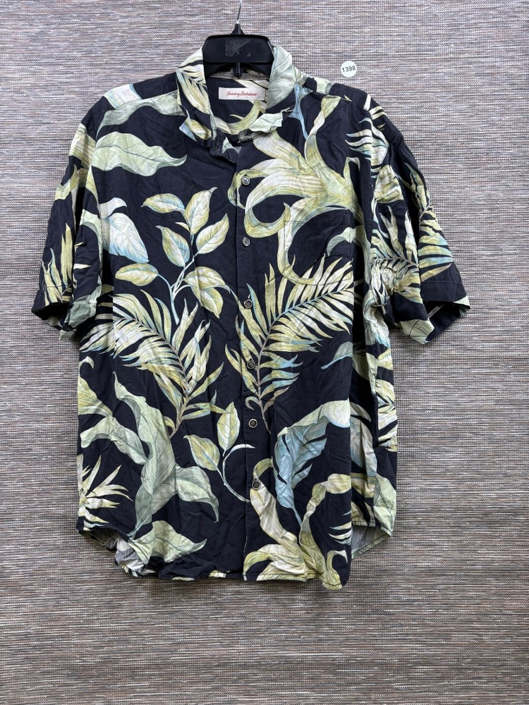 Tommy Bahama 100% Silk Hawaiian Shirt Mens Size XL Black Floral Short Sleeve