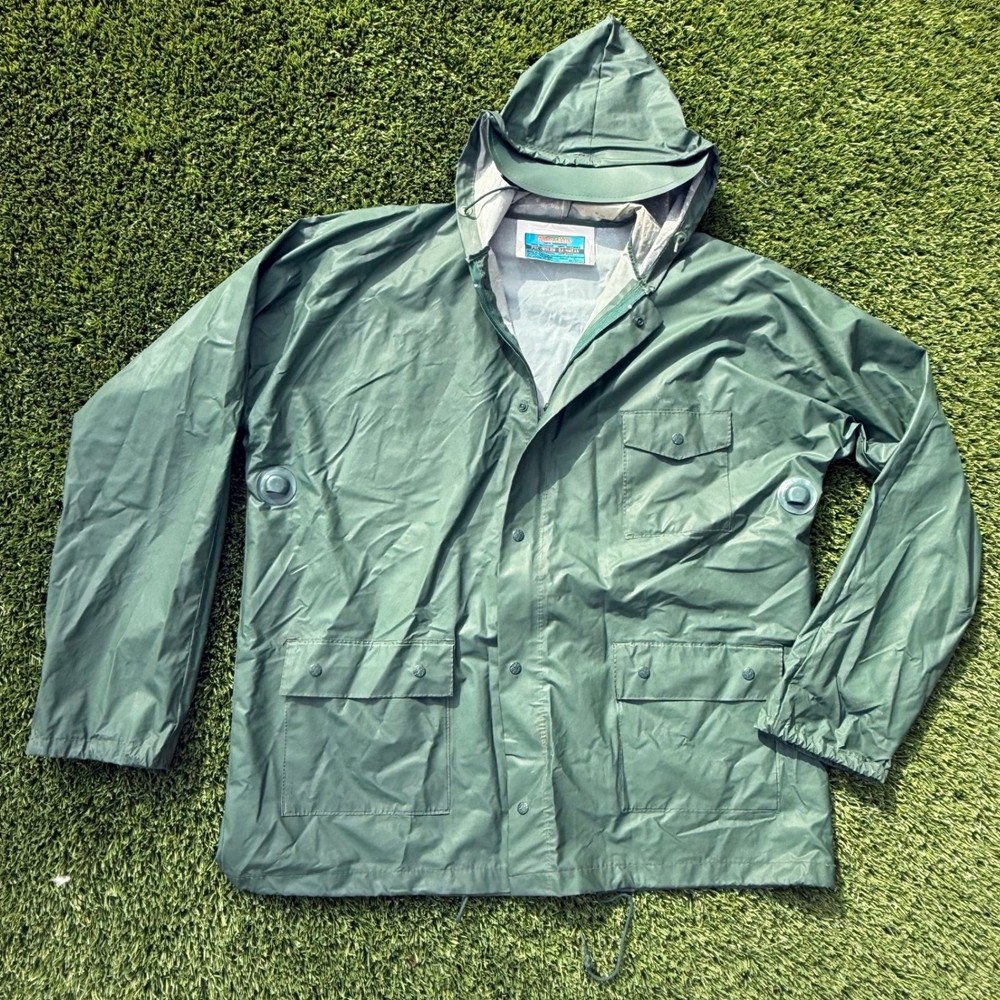 VTG Rainskins Mens PVC Nylon Rainwear Jacket Green Size Large Waterproof Hooded