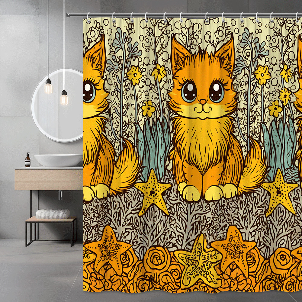 Cute Orange Cat Shower Curtain Floral Ocean Pattern