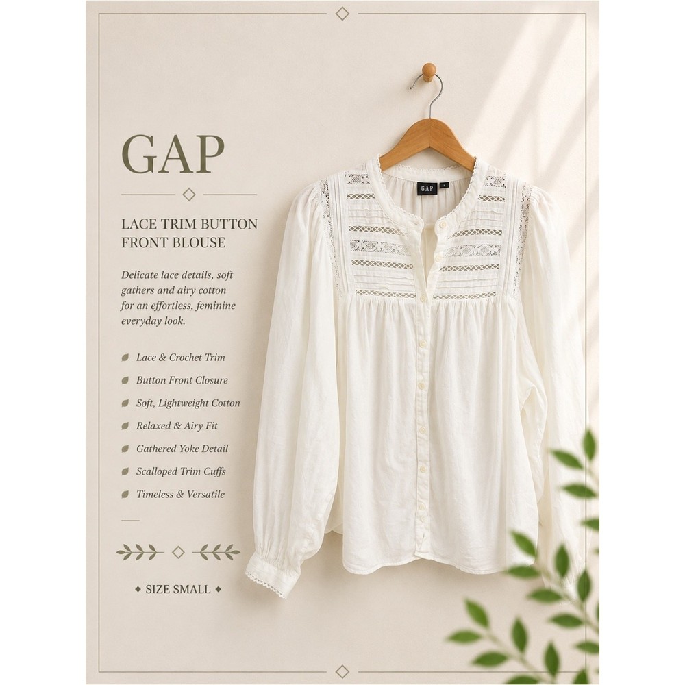 Gap White Boho Cottagecore Lace Pintuck Peasant Blouse Romantic Size Large