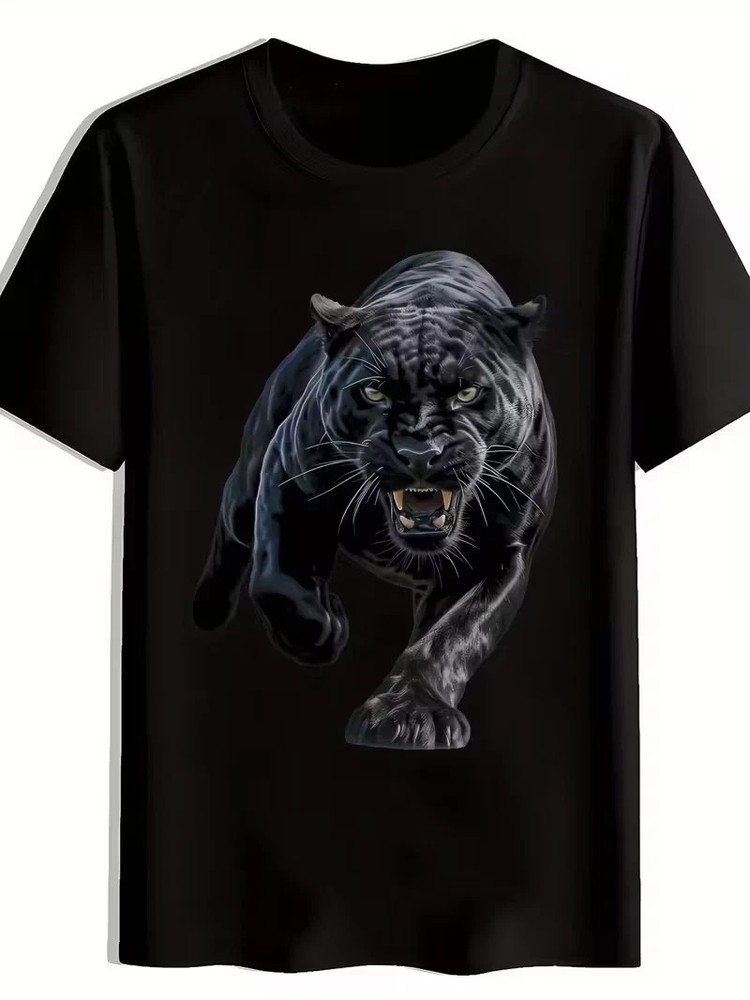 Men'S Black Panther Graphic T-Shirt - Casual Crew Neck, Short Sleeve, Polyester,