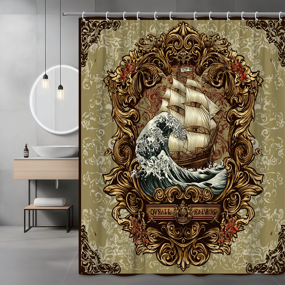 Ship Ocean Wave Shower Curtain Vintage Nautical Graphic