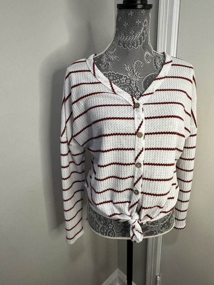 Paper Crane White and Red Striped Tie Front Waffle Knit Long Sleeve Top. Medium