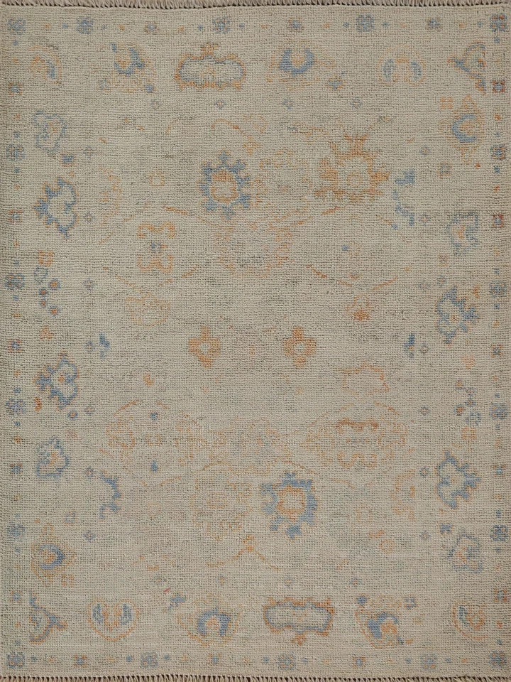 Hand Knotted Oushak Rug Muted Cream Blue Gold Turkish Wool Area Rug