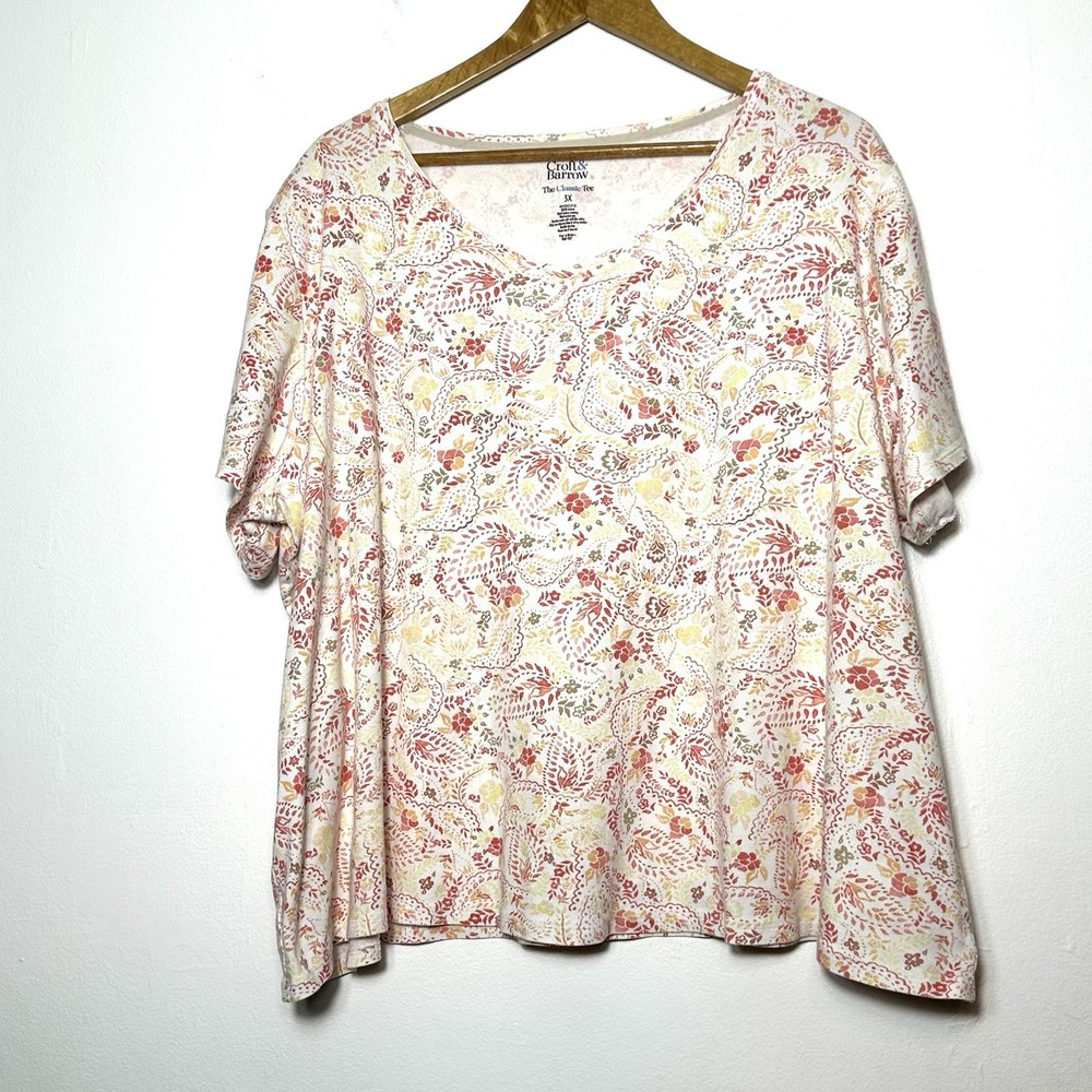 Croft & Barrow Plus Shirt Women’s Floral Cotton Boho Short Sleeve V Neck Top