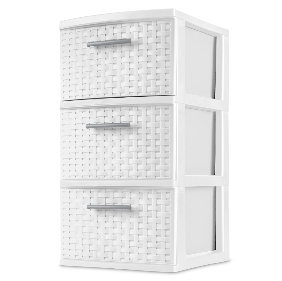 Durable Plastic 3 Drawer Weave Tower Home Versatile Decorative Storage, White