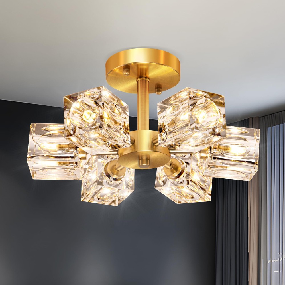Modern 6-Light Gold Crystal Semi Flush Mount Chandelier