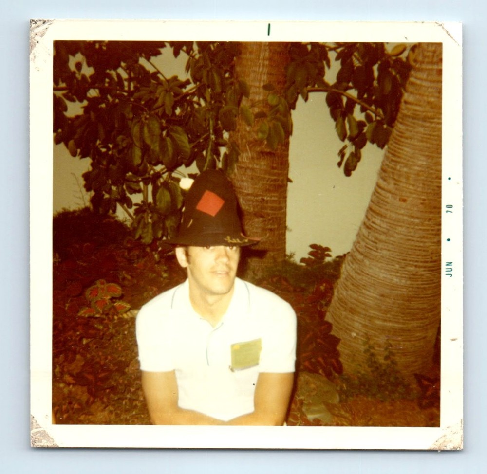 Old Vintage Square Color Photo SOLO MAN FUNNY HAT 1970 SNAPSHOT PHOTOGRAPH