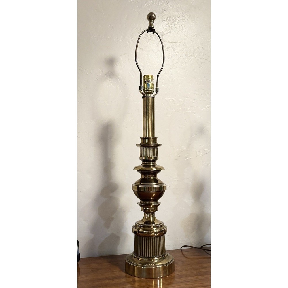 VTG Stiffel Solid Brass 32” Table Lamp Labeled Hollywood Neoclassical MCM 60s