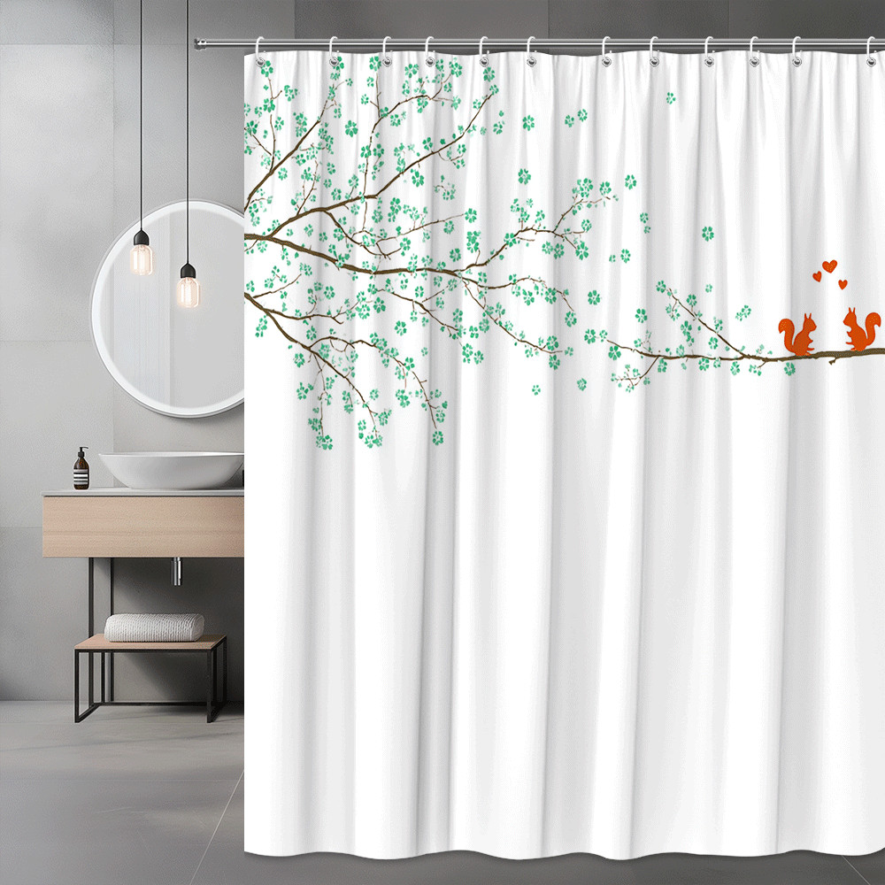 Squirrel Tree Branch Shower Curtain Green Floral Print