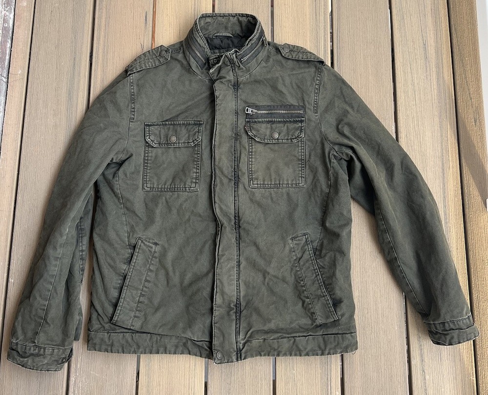 Levi Jacket Men's L Olive Green Bomber Full Zip Quilt Lined Coat Jacket