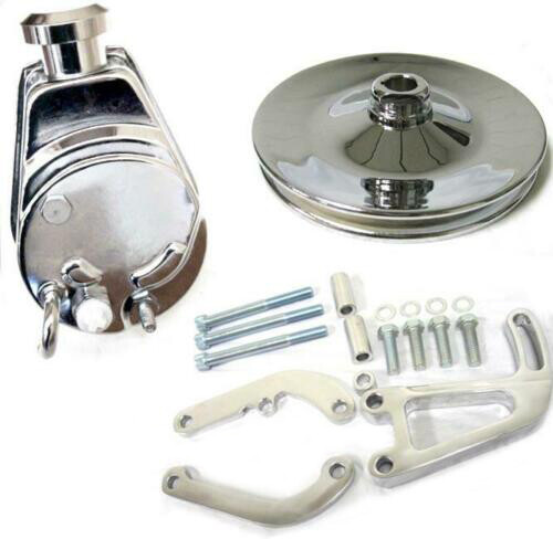 Small Block Chevy Chrome Saginaw Power Steering Pump + Keyway Pulley Bracket Kit