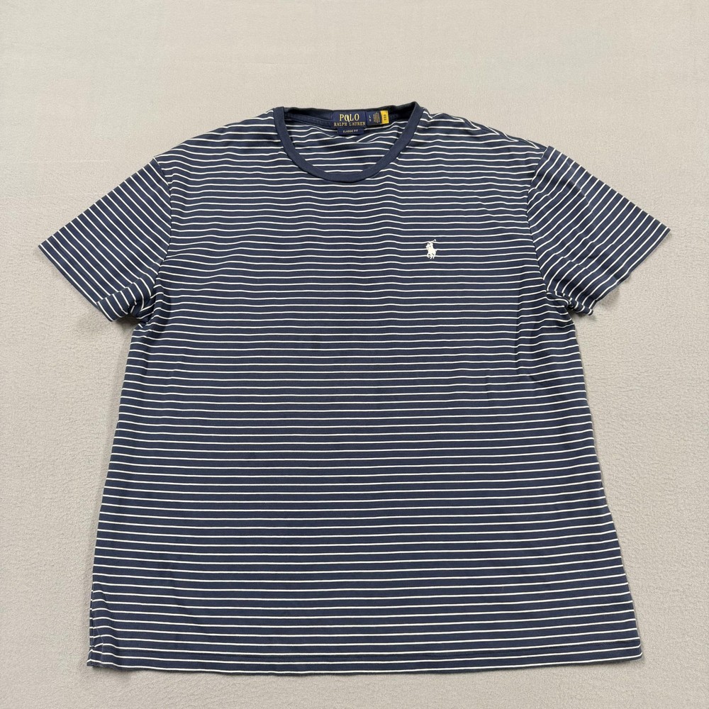 Polo Ralph Lauren Shirt Mens Large Blue Striped Crewneck Pony Logo Classic Fit