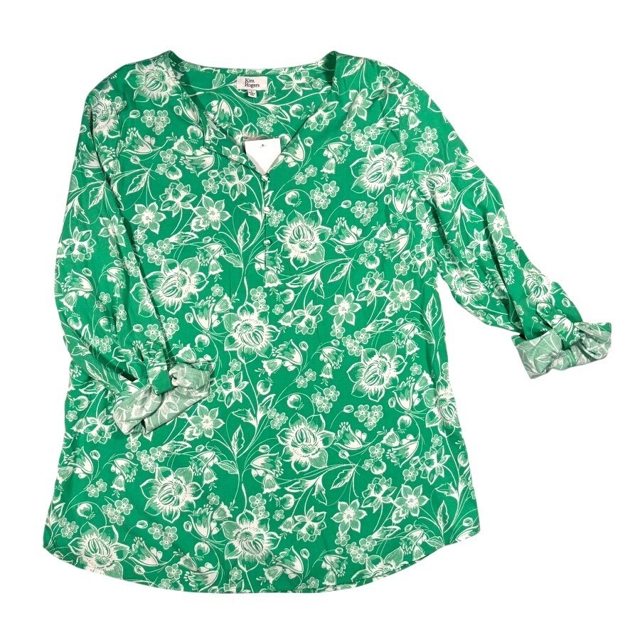 Green Floral Scroll Roll Tab Sleeve V-Neck Tunic Blouse L NEW Boho Resortwear