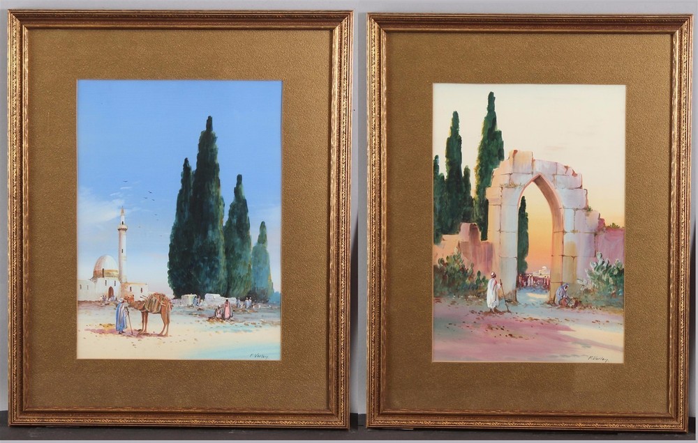 2 Antique F VARLEY Orientalist Egypt Desert Camel Arab Mosque Gouache PaintingsSigned & Authentic..NO RESERVE...Possible FREE Delivery