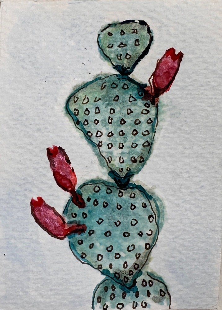 ACEO Original Watercolor Ink Cactus Miniature Art by Bri Sander 3.5 x 2.5” OOAK
