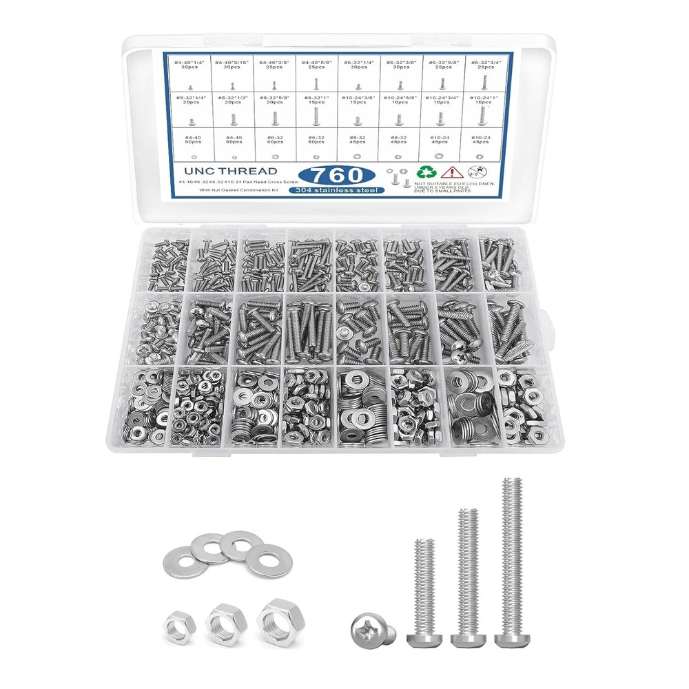 760Pcs Stainless Steel Nuts and Bolts Assortment Kit 10-24#8-32#6-32#4-40 Har...