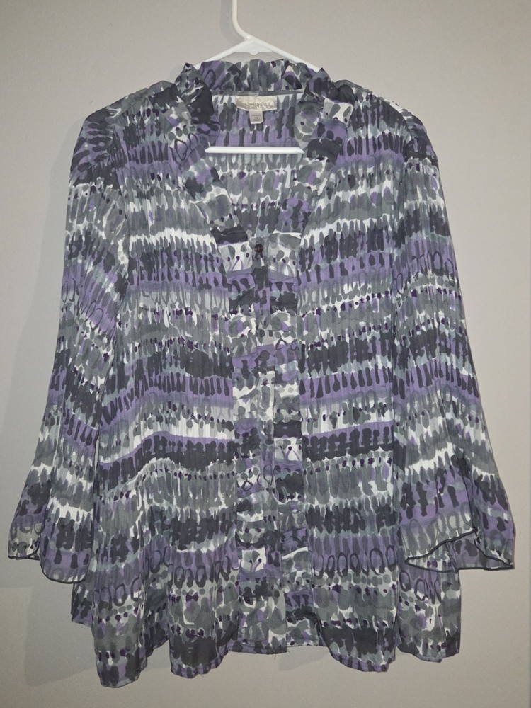 Dressbarn Women’s 1X Purple Gray Sheer Button Front Blouse 3/4 Sleeve Plus