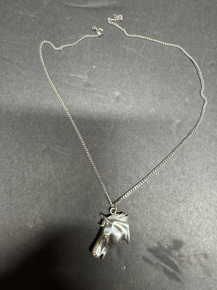 Vtg Horse Pewter Pendant Necklace
