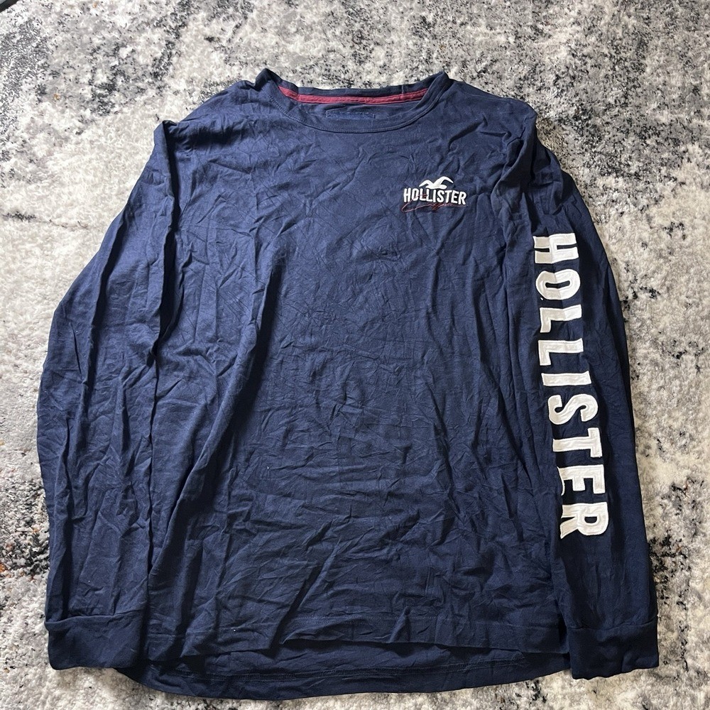Hollister Men's Long Sleeve Embroidered Navy Blue Size Medium Y2K 2000s Vintage