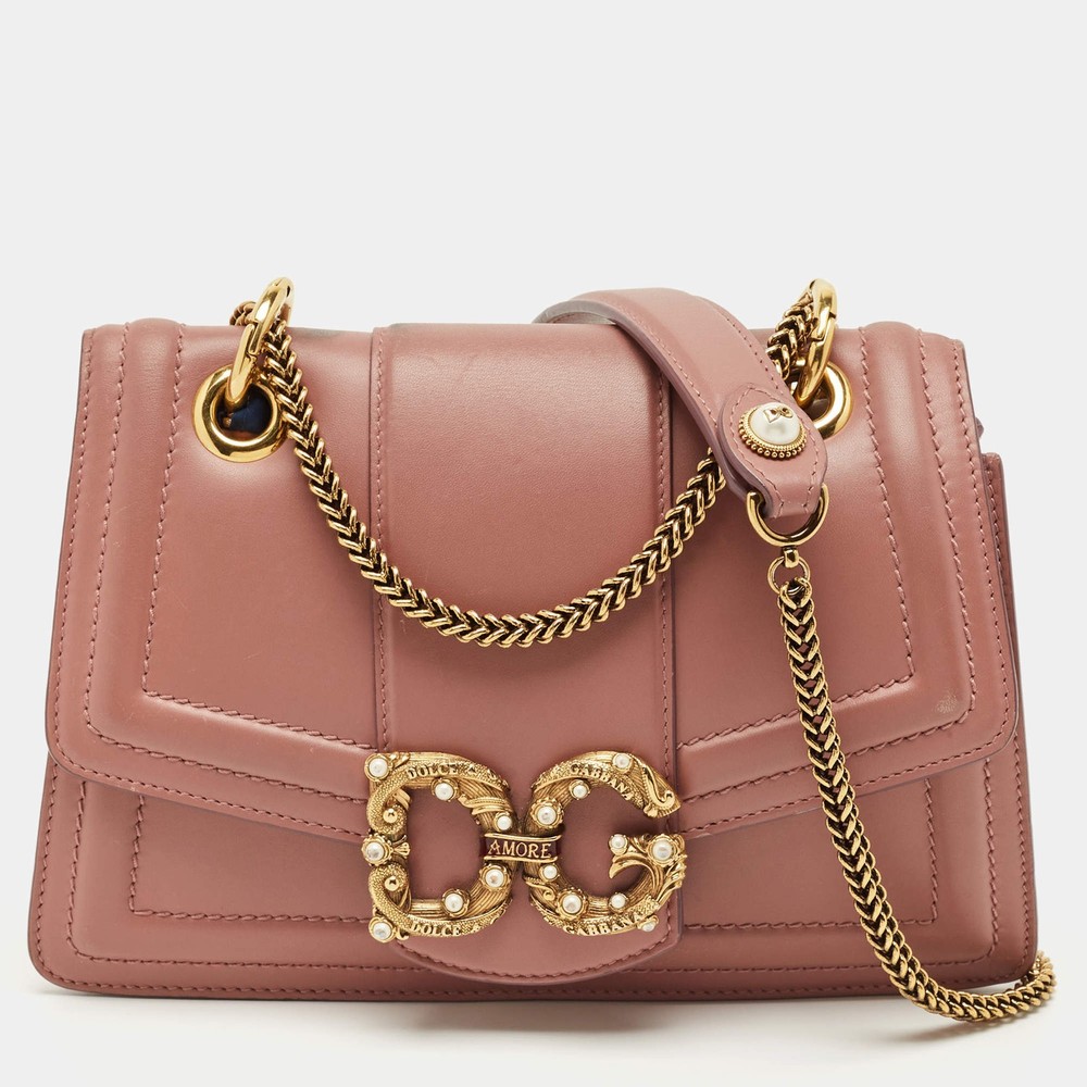 Dolce Gabbana Pastel Pink Leather DG Amore Chain Shoulder Bag