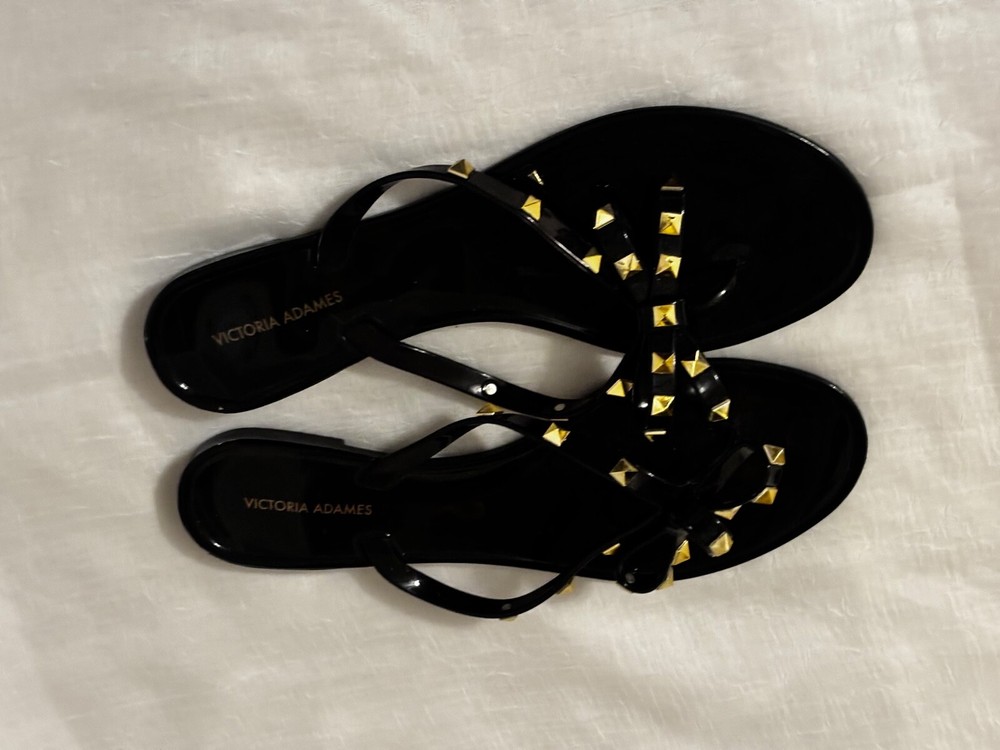 Victoria Adames Black Gold Spike Womens Flip Flops Size 41 Open Toe Sandals