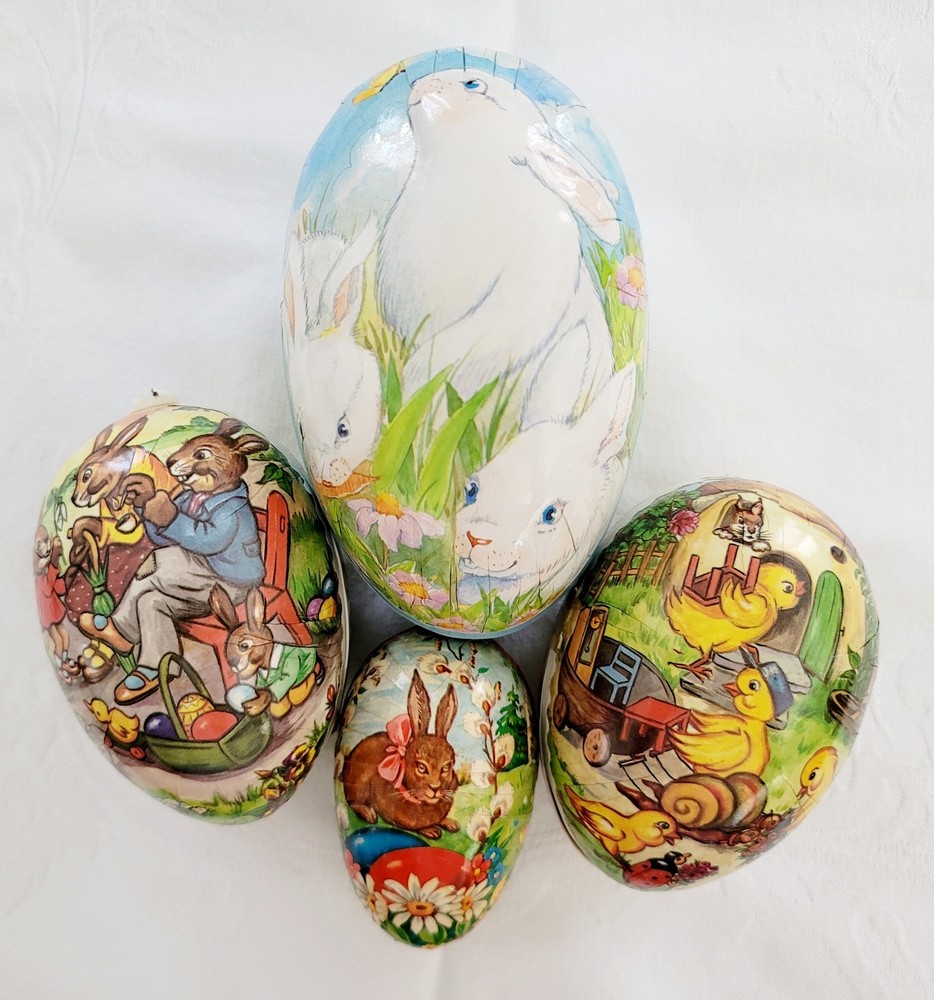 Lot of 4 Vintage German Paper Mache Easter Eggs Candy Containers