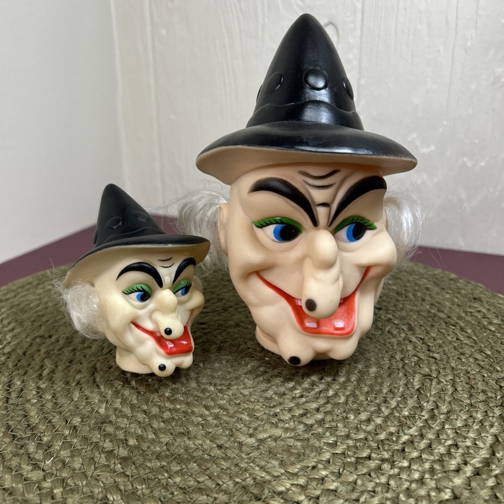 Set Of 2 Vintage Witch Doll Heads Halloween Decor Retro MCM Kitschy Plastic