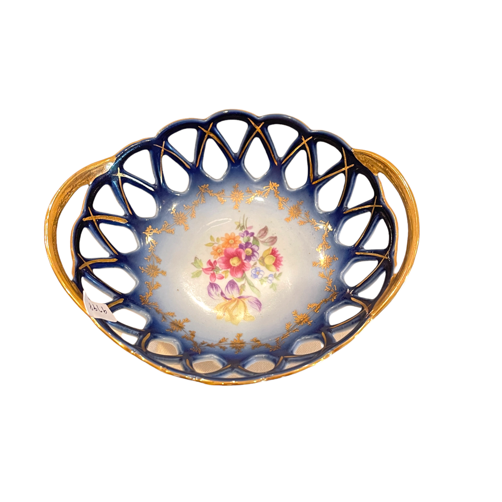 VTG Signed Martinroda Germany Reticulated Porcelain Bowl Cobalt Gilded Floral