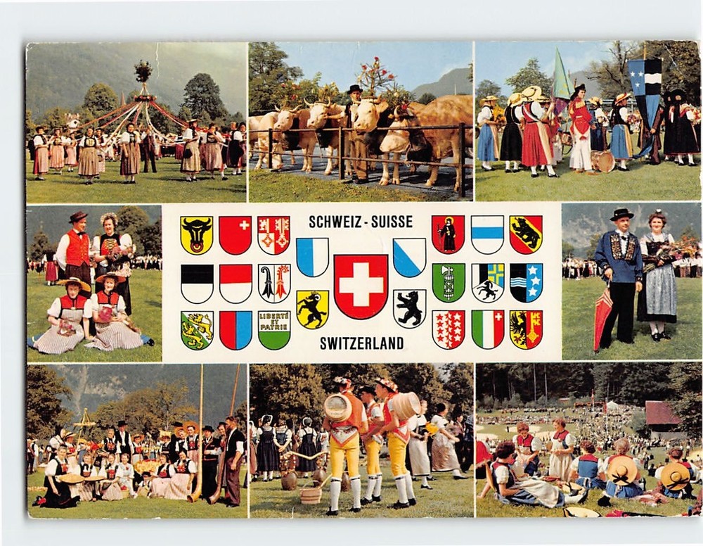 Postcard Swiss traditional festivities and cantonal coats of arms Switzerland