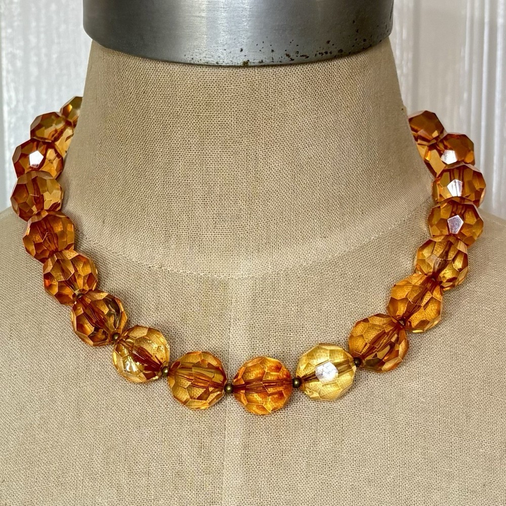 Vintage Amber Colored Multifaceted Acrylic Bead Gold Tone Adjustable Necklace