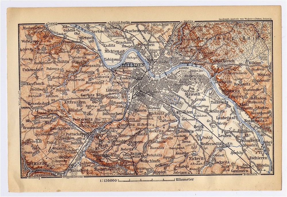 1897 Original Antique Map Of Dresden Vicinity / Saxony Germany