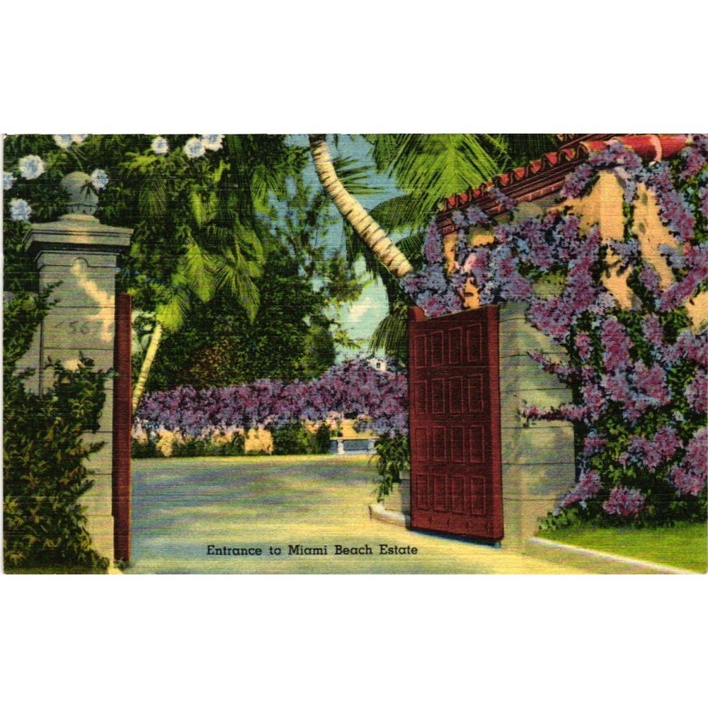 Vintage 1952 Miami Beach Florida Estate Entrance Linen Postcard G.W. Romer Photo