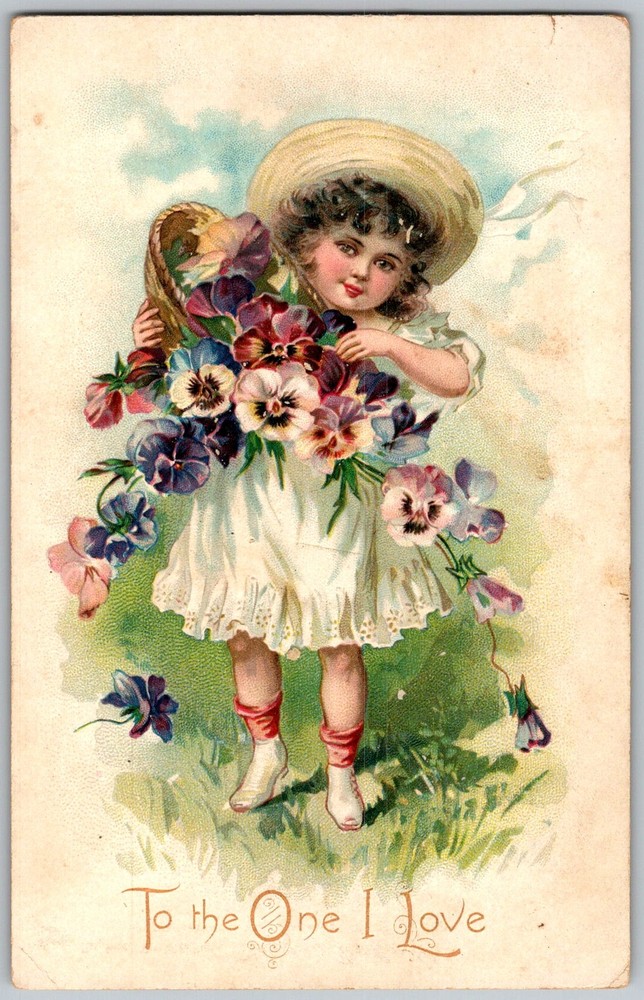 Antique Postcard Girl Pansies 1910s