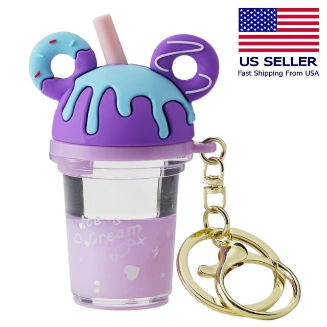 Mickey Donut Ears Milk BobaTea Liquid Cup Keychain Disney inspired kawaii Purple