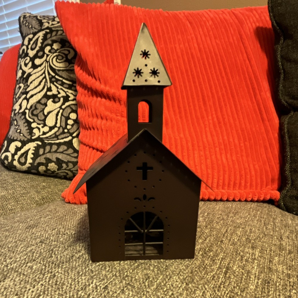 Brown Metal Church House Tea Light Candle Holder with Star Cutouts Decorative