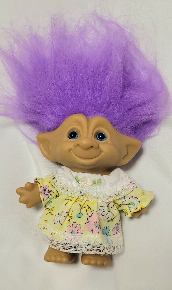 Vintage Ace Novelty Treasure Troll Doll Purple Hair Purple Gem Jewel Belly 90s